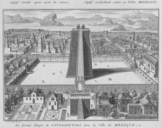 El Gran Templo de Vitsliputsli en la Ciudad de México, ilustración de Ceremonias y Costumbres Religiosas, grabado por Bernard Picart 1722