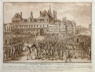 Las cabezas de Launay y Flesselles paseadas ante el Hôtel de Ville, 14 de julio de 1789