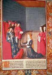 La Santa Emperatriz Richilde de Provenza en Compiegne presentando a Luis el Tartamudo la corona y el cetro que habían pertenecido a su padre Carlos II 