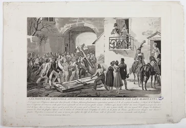 Los habitantes depositando las puertas de Grenoble a los pies del emperador, 6 de marzo de 1815, publicado por Martinet, 1815