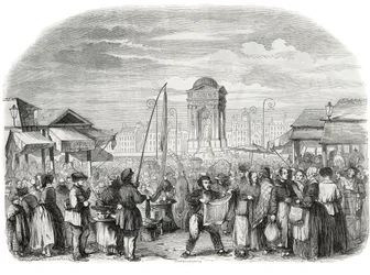 Los Inocentes marchan en París con la fuente - Grabado en “Tableau-de-Paris” por Edmond Texier 1852