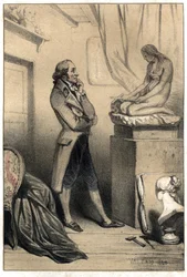 El escultor italiano Antonio Canova (1757 - 1822) ante la cultura de "Madeleine penitente". Placa tomada de "Escenas de la vida de hombres famosos" grabado en dos tonos por Valerio. 1843.