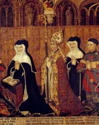 La familia Jouvenel de Ursins. Detalle del Arzobispo (a la izquierda la esposa de Jean Juvenal). Pintura sobre madera de la Escuela Francesa. 1443-1449
