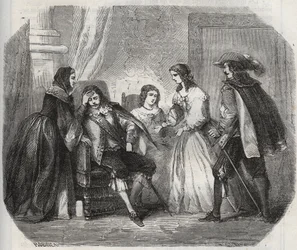 El Rey de Francia Luis XIII (1601-1643) es atrapado con migraña cuando habla con la Reina Ana de Austria (1601-1666). Grabado de 1871 en "Histoire Des Cocus Celebres" de Henry de Kock (1819-1892)