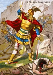 El caballero Roldán en Roncesvalles tocando el olifante. Roldán, conduciendo la retaguardia del ejército de Carlomagno, fue sorprendido por los vascones el 15 de agosto de 778. Luego tocó su cuerno, demasiado tarde para que el rey lo asistiera. Cromolitogr