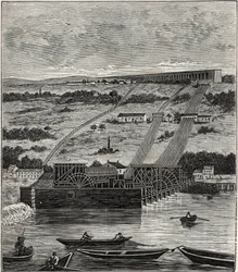 La Máquina de Marly - Vista de la máquina del acueducto de Marly instalada en Bougival - El acueducto de Louveciennes (o Marly) para abastecer de agua a Versalles y al castillo de Marly - Grabado en "Ciencias puestas a disposición de todos - física y quími