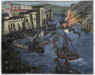 Los normandos, liderados por Rollo, sitiaron París en 885, ilustración de Francia y los franceses a través del siglo, 1884