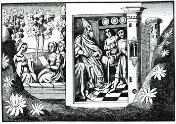 El Viejo de la Montaña dando órdenes a sus seguidores, de Los viajes de Marco Polo, copiado por Albert Coinchon del manuscrito original