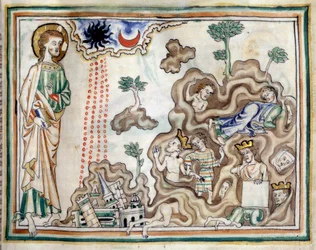 La apertura del sexto sello: se produce un terremoto y el sol se vuelve negro. La luna se vuelve roja como la sangre. Reyes, señores y hombres ricos se refugian en las cuevas. Miniatura tomada de «El Apocalipsis de Cambrai», iluminada por la Escuela