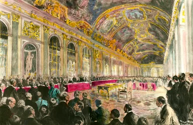 El Congreso de la Paz en la Galería de Hielo de Versalles el 28/06/1919: El Presidente del Consejo francés Georges Clemenceau, abre la sesión