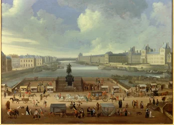 El Pont Neuf visto desde la entrada de la Place Dauphine, el Quai Malaquais, el Colegio de las Cuatro Naciones, la Gran Galería y el Louvre. Pintura anónima