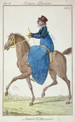 La pose de la amazona, lámina de moda de Costumes Parisiens, 1800