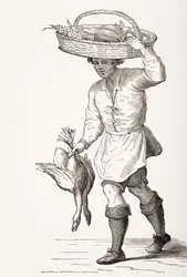 El Comerciante de Aves, después de un grabado en madera del siglo XVI por Cesare Vecellio (1521-1601) de 