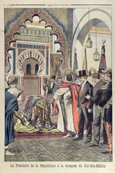 El presidente de la República Francesa, Émile Loubet (1838-1929) visitando la Mezquita de Sidi Bou Medine, Tlemcen, Argelia, ilustración de Le Petit Journal, 3 de mayo de 1903