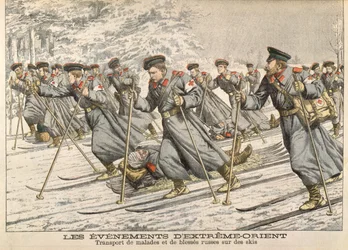 La Cruz Roja transportando rusos heridos en esquís durante la Guerra Ruso-Japonesa (1904-05) de Le Petit Journal, c.1904