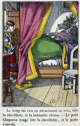 Caperucita Roja entra en la habitación donde el lobo tomó el lugar de su abuela - en "Caperucita Roja", ed. Pellerin, Epinal, s.f. siglo XIX