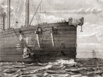 El S.S. Great Eastern lanzando una boya al mar para marcar el lugar de un cable telegráfico transatlántico perdido