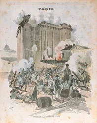 El asedio y la toma de la Bastilla el 14 de julio de 1789, ilustración de portada de un cuaderno escolar, c.1889 (litografía en color)