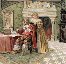 El Señor de Beringhen y Madame du Fargis conspiraron contra Richelieu (Armand Jean du Plessis, Cardenal de Richelieu (1585-1642), ministro de Luis XIII, en el Chateau de Azay-le-Rideau (Azay le Rideau) (Indre-et-Loire). Cromolitografía de finales del siglo