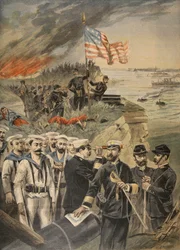 La guerra hispanoamericana: desembarco en Guantánamo, ilustración de Le Petit Journal: Suplemento ilustrado, 1898