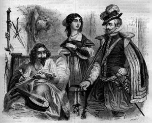 El escritor español Miguel de Cervantes Saavedra (1547-1616) en su casa en 1614 rodeado de su esposa y el Conde de Lemos. Grabado de 1852