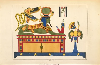 La Esfinge, ilustración de Pantheon egyptien: colección de personajes mitológicos del antiguo Egipto, por Jean-Francois Champollion, publicado c.1986
