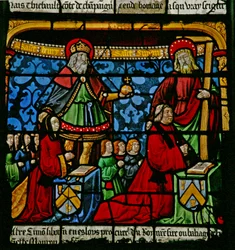 La ventana de San Luis: Los donantes Henriette de Mauroy y Simon Liboron con sus santos patronos San Enrique y Simón de Cirene