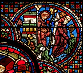 La ventana de San Lubin: sale de la iglesia con dos monjes