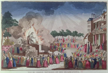 La Estatua del Ateísmo siendo destruida y reemplazada por la Estatua de la Sabiduría en el Festival del Ser Supremo, Jardin National des Decorations, París, 8 de julio de 1794