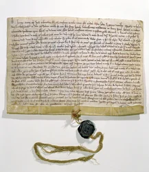 Los Estatutos de la Universidad de París, producidos y otorgados por el Cardenal Robert de Courson, legado papal, en agosto de 1215 (pergamino y cera)
