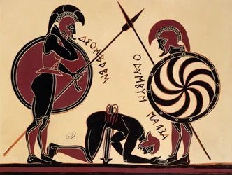 El suicidio de Áyax, ilustración de un vaso griego antiguo