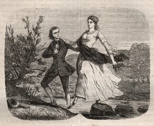 El filósofo suizo Jean Jacques (Jean-Jacques) Rousseau (1712-1778) ayudó a Mademoiselle Galley a cruzar un arroyo. Grabado de 1871 en “Histoire Des Cocus Celebres” por Henry de Kock (1819-1892).