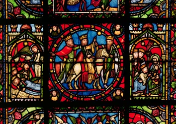 Los Tres Reyes Magos, detalle de una ventana que representa la Historia de la Virgen