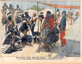 Los tuaregs Hoggar y Taitogs sometiéndose al dominio inglés en el Sahara argelino. En el Sahara argelino. Los tuaregs Hoggars y Taitogs presentan su sumisión a Francia. Ilustración para Le petit Journal, 26 de noviembre de 1905.