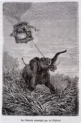 El Victoria remolcado por un elefante - en "Cinco semanas en globo", novela de Julio Verne