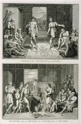 La Ceremonia de la Boda y la Manera de Divorciarse en Canadá, ilustración de Ceremonias y Costumbres Religiosas, grabado por Bernard Picart, 1723