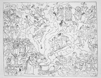 El Sabbath de las brujas, copia de una ilustración de Tableau de linconstance des mauvais anges por Pierre de Lancre, París 1612, usado en una Historia de la Magia, publicado a finales del siglo XIX