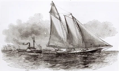 El yate America tomando la delantera en la Regata de Cowes de 1851, de Le Monde Illustré, 1851