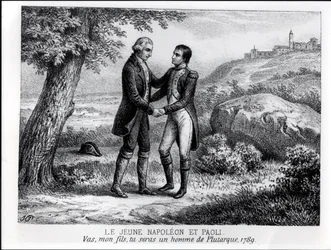 El joven Napoleón Bonaparte (1769-1821) encontrándose con Pasquale Paoli (1725-1807) en 1789, de un libro sobre Córcega de J.A. Galetti, París, 1863