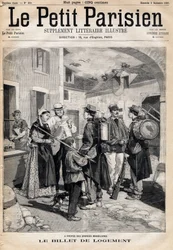 El billete de alojamiento, que da derecho a una cama y una vela, se distribuye a los soldados después de sus ejercicios y grandes maniobras. Uno del periódico "Le Petit Parisien" el 3/09/1893 (grabado)