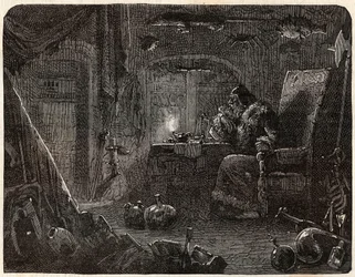 El alquimista, habiendo prometido hacer oro, trabaja en su laboratorio: el Alquimista en el siglo XVII - en Paris a travers les cules por Nicolas Jules Henri Gourdon de Kennouillac (1826-1898)