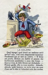 La ira. Niño caprichoso rompiendo sus juguetes. Alfabeto de niños pequeños. Abecedario con valor moral que contiene ejercicios de lectura. Imágenes de Epinal, finales del siglo XIX