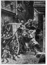 El arresto de Pierre Broussel (1575-1654) en 1648, bajo la orden de Ana de Austria (1601-1666), provocando el levantamiento del pueblo (días de las barricadas) y la Fronda