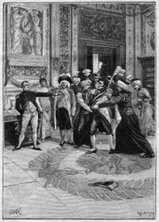El arresto del Conde de Neipperg (1775-1829) por orden de Napoleón I (1769-1821). Ilustración de “Madame Sans Gene” de Victorien Sardou (1831-1908) y Emile Moreau (1852-1922). Grabado en “La gazette du dimanche” del 21 de noviembre de 1895