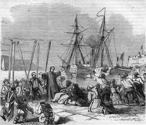 La llegada del Papa Pío IX (Pío IX o Pio IX), cuyo nombre era Giovanni Maria Mastai Ferretti (1792-1878) en Civita Vecchia (Civita-Vecchia) en el río Tenare. Grabado en “Histoire des Papes-Rois-Reinas y Emperadores a través de los siglos” de Maurice Lachat