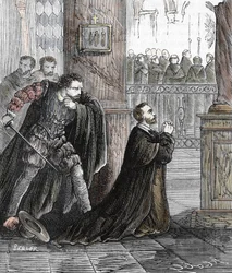 El asesinato del Inquisidor Pedro de Arbues (1441-1485) el 17/09/1485 en la Catedral de Zaragoza en España (El oficial de la inquisición española Pedro de Arbues asesinado en la Catedral de La Seo de Zaragoza en 1485 en un supuesto complot por convers