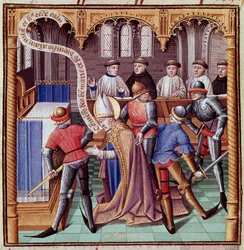 El asesinato de Tomás Becket en 1170 (Assassination of Saint Thomas of Canterbury) Miniatura extraída de "Le miroir historial" (Speculum Historiale) de Vincent de Beauvais (1190-1264) traducida al francés por Jean de Vignay.