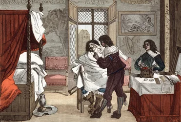 El barbero, Francia, grabado de Abraham Bosse (1604-1676), c. 1640, grabado de "Paris a travers les siecles" tomeV