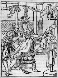 La barbería en el siglo XVI, el peluquero se ocupa del cabello de un cliente. En “The picturesque store” 1836