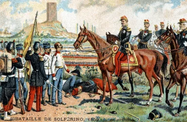 La batalla de Solferino (Italia) entre los ejércitos franco-sardos (victoriosos) y austriacos (derrotados) en 1859. Cromolitografía del siglo XIX.
